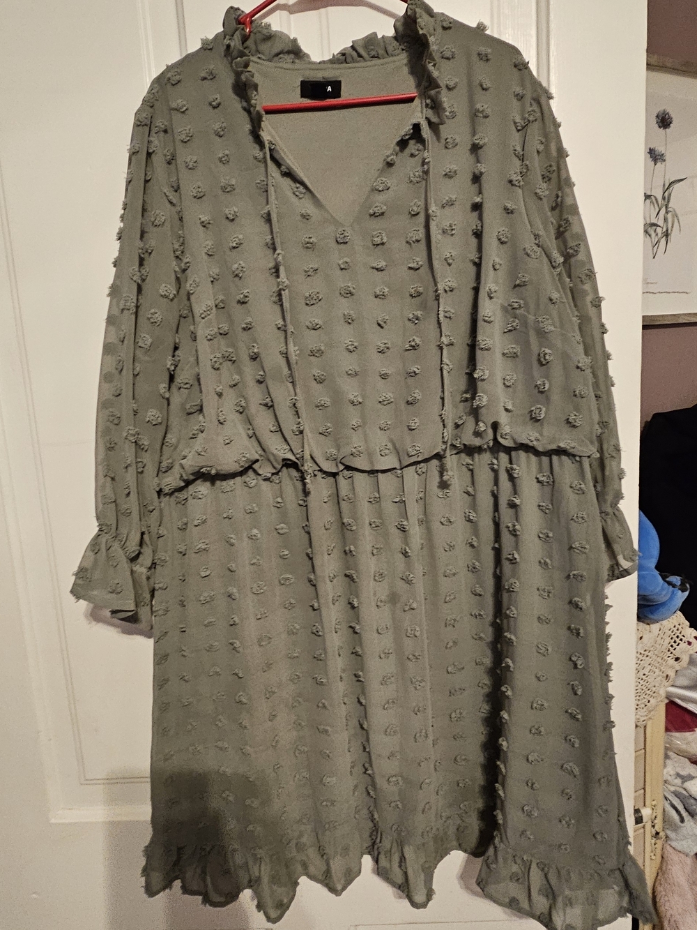 Tacera Olive Green Textured Long-Sleeve Midi Dress